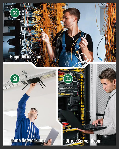 Pro Grade TLP-123A Network Cable Tester For RJ45 RJ11 Ethernet Cables CAT5 to CAT7 UTP and STP, shown in network rack and home setup