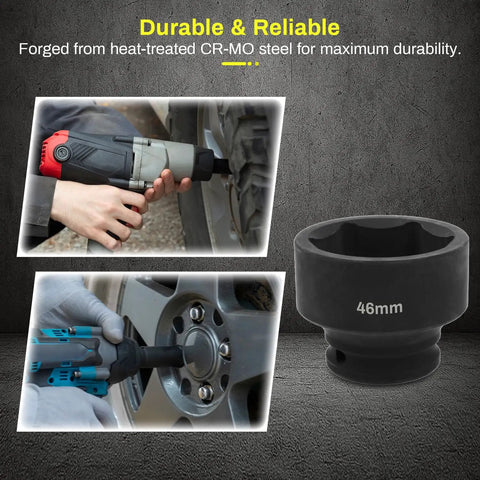 Heavy Duty 1/2 Inch Drive 46Mm Deep Impact Socket For 6 Point Axle Nut And Wheel Hub Nut Removal, CR MO Steel, shown in use on vehicles