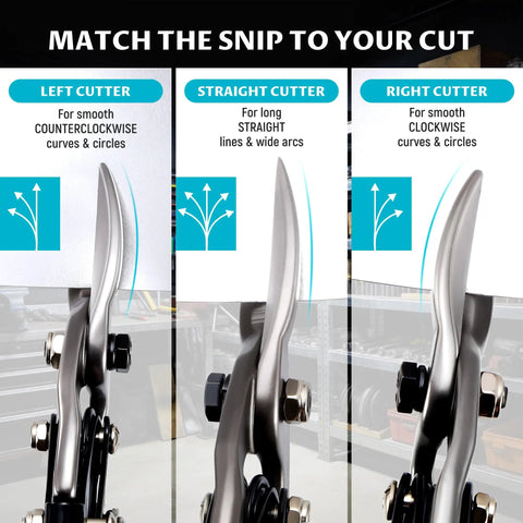 Three-Piece 10-Inch Aviation Tin Snips Set showing left, straight, and right cutters for sheet metal, aluminum, and vinyl.