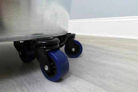 Close-up of Tri Dolly 250 Lb Capacity 360 Degree Swivel Furniture Moving Dolly with blue TPU wheels and sealed ball bearings.