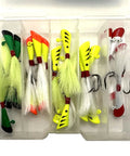 Assorted Darts Fishing Lures Kit With 1/4 Oz Bucktail Jigs, 25 Pack in 5 Colors in a tackle box, for crappie, bass, walleye, and panfish.