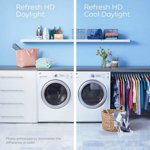 Comparison of laundry room lighting using Refresh HD Daylight and Cool Daylight for LED Light Bulbs 60 Watt Equivalent Daylight 5000K.