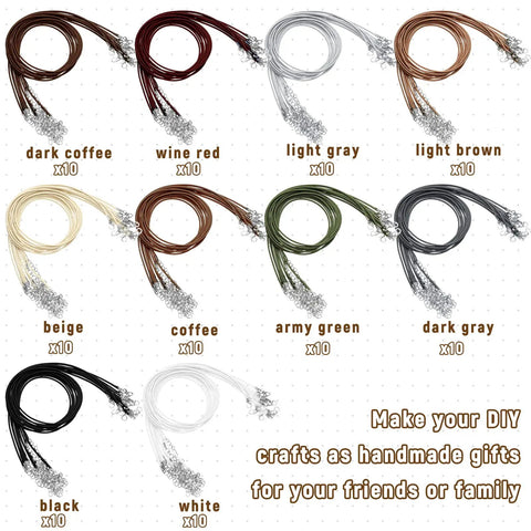 100 Piece Waxed Leather Necklace Cords With Clasps, Bulk Jewelry Making String Ropes, 20 Inch, Earth Tone Colors, displayed by color type