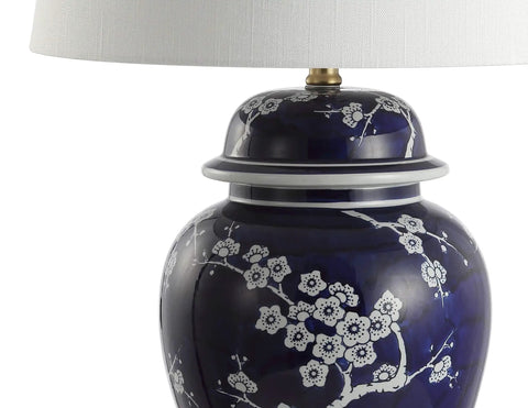 Traditional Ceramic Ginger Jar Table Lamp In White And Navy, Dope Chinoiserie Inspired Bedside Light With White Linen Shade, 29.5 Inch Tall, LED Bulb Included, ETL Listed For Safe Home Use