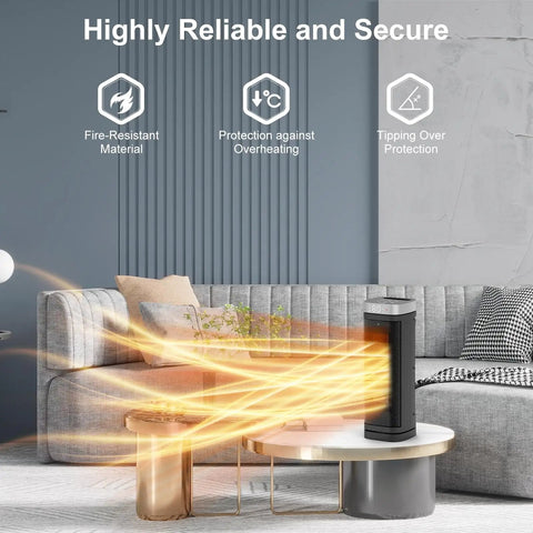 Ceramic Space Heater With Thermostat And Remote, 70 Degree Oscillation, 12 Hour Timer placed on modern table in living room