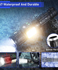Beast Mode 10000 Lumen LED Flashlight with Digital Power Display shining in rainy weather, demonstrating waterproof durability.