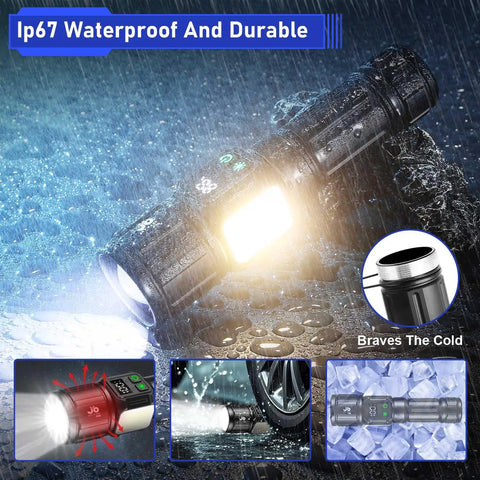 Beast Mode 10000 Lumen LED Flashlight with Digital Power Display shining in rainy weather, demonstrating waterproof durability.