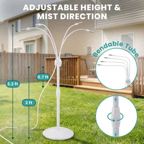 Standing Misting System With Fillable Base, 26.2Ft Water Line, Adjustable Height Outdoor Mister in garden, white, with bendable arms.