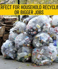 Hella Heavy Duty 60 Gallon Clear Trash Bags, 100 Count Bulk Pack, 38X58 Inch Size, 1.5 Mil Thickness, filled with recycling materials.