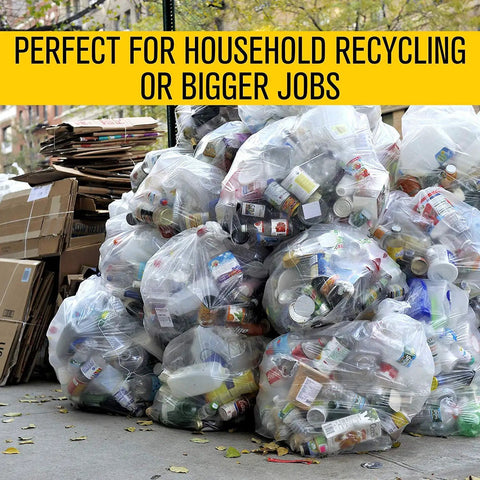 Hella Heavy Duty 60 Gallon Clear Trash Bags, 100 Count Bulk Pack, 38X58 Inch Size, 1.5 Mil Thickness, filled with recycling materials.