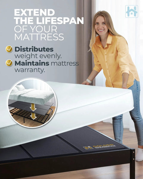 Rock Solid Queen Bunkie Board 10mm Slim Low Profile Mattress Support 60x80 Bed Frame Foundation in use, stabilizing mattress.