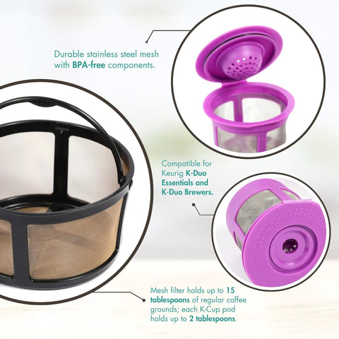 Reusable Gold Tone Mesh Coffee Filter With 2 Refillable K Cup Pods For Keurig K Duo Essentials And K Duo Brewers Machine Easy Clean Design Money Saving Value Pack
