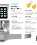 Smart Door Lock With Keyless Entry, PIN Pad, RFID Card Access, Remote Control, And Physical Key Backup - NDL302 with features