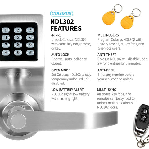 Smart Door Lock With Keyless Entry, PIN Pad, RFID Card Access, Remote Control, And Physical Key Backup - NDL302 with features