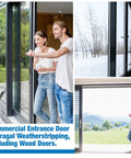 Heavy Duty Commercial Door Astragal Weatherstrip 2 Pack 42 Inch Tight Gap Seal Gasket For Shops Warehouses Blocking Drafts Keeping Cold Moisture Out No Hassle Setup indoor scene showing product with sliding glass door.