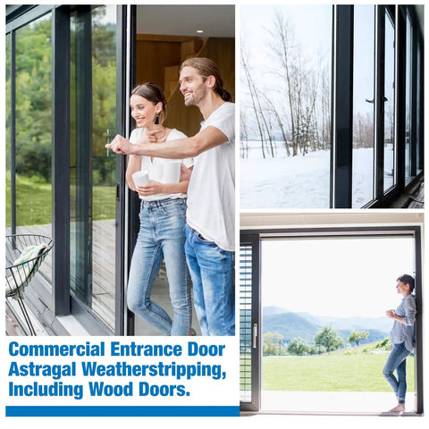 Heavy Duty Commercial Door Astragal Weatherstrip 2 Pack 42 Inch Tight Gap Seal Gasket For Shops Warehouses Blocking Drafts Keeping Cold Moisture Out No Hassle Setup indoor scene showing product with sliding glass door.