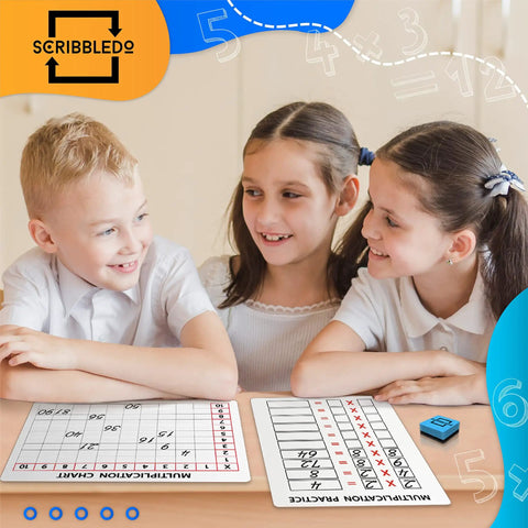 Children using Two Pack Dry Erase Math Boards For Multiplication And Division With Charts, Kid Friendly Whiteboards For Classroom.