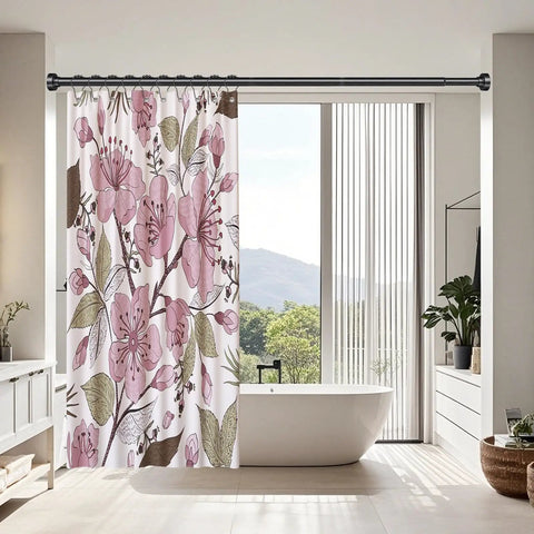 Modern bathroom with No Drill Tension Shower Curtain Rod 34 To 82 Inches, Non Slip And Rust Proof Stainless Steel, Easy Tool Free Install, Matte Black