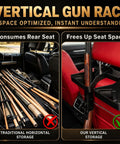 Comparison of traditional horizontal storage versus Seat Back Gun Rack For Truck And SUV Vertical Rifle And Shotgun Holder installation.