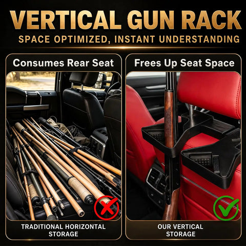 Comparison of traditional horizontal storage versus Seat Back Gun Rack For Truck And SUV Vertical Rifle And Shotgun Holder installation.