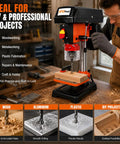 Heavy Duty 8 Inch Benchtop Drill Press Featuring A Robust 400W Induction Motor And Five Speed Settings in action on wood.