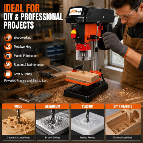Heavy Duty 8 Inch Benchtop Drill Press Featuring A Robust 400W Induction Motor And Five Speed Settings in action on wood.