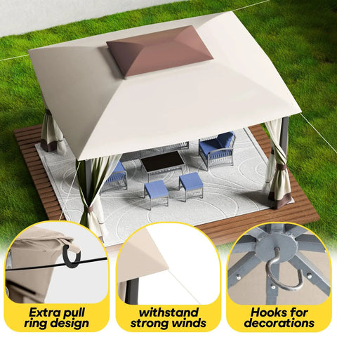 Outdoor Patio Gazebo 10 By 13 Heavy Duty Steel Frame With Mosquito Netting And Double Roof Canopy Tent Shelter setup on patio