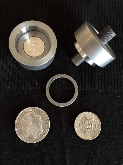 Coin Ring Puncher And Spacer Set With Four Gold Tone Punches for jewelry making tools shown with coins and spacer