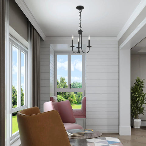Three Light Black Steel Chandelier For Home Decor With Classic Estate Style Vibe in bright living room with window seating