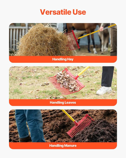 Manure Fork With 18 Angled Tines Long Fiberglass Handle Muck Rake Tool for garden and farm cleanup, handling hay, leaves, manure