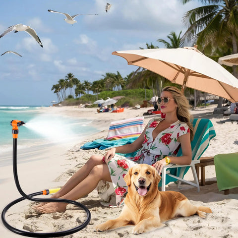 Outdoor Misting System For Patio And Yard, 75 Inch Premium Hose Mister with 360 Degree Rotating Base on a beach scene