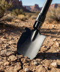 16 Inch Heavy Duty Mini Shovel With Curved D Handle Portable Spade in desert, focus on black metal blade and handle