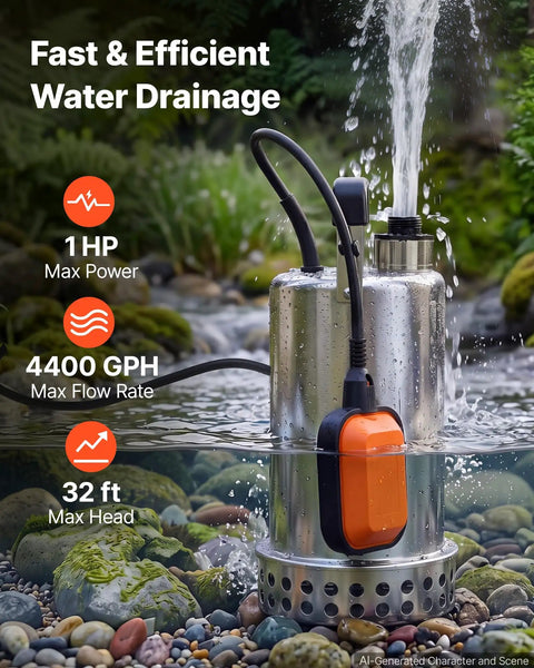 Hardcore Submersible Sump Pump With Smart Auto Float Switch One Horsepower Motor Blasts 4400 Gallons Per Hour To Kick Stubborn Basement Water Clean Out The Drain Today IPX8 Waterproof Crawl Space Powerhouse with water flowing out and float switch visible.