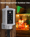 Dusk To Dawn Outdoor Timer Switch with Photocell Sensor, 15 Amp 120V installed on a wall with holiday decorations in the background.