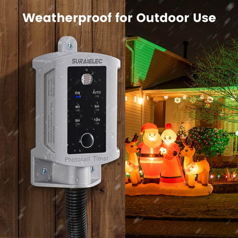 Dusk To Dawn Outdoor Timer Switch with Photocell Sensor, 15 Amp 120V installed on a wall with holiday decorations in the background.
