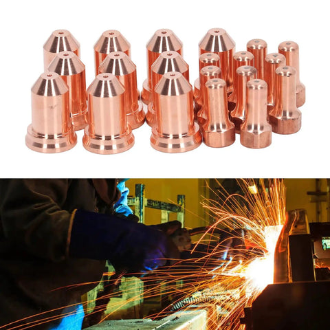 Fresh 20 Pcs Brass Plasma Cutter Consumables Kit With Nozzles And Electrodes showing nozzles and electrodes for PT80 and IPT80 torches.