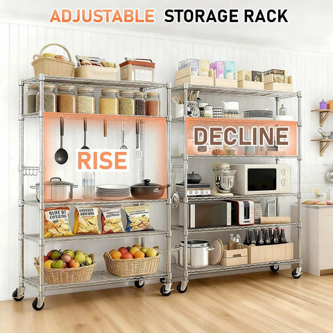 Heavy Duty Wire Shelving Unit 82 Inches Tall Featuring Adjustable Steel Racks That Split Into Independent Multi Tier Storage Organizers No Sweat Assembly For Garage Or Basement with food and kitchen items.