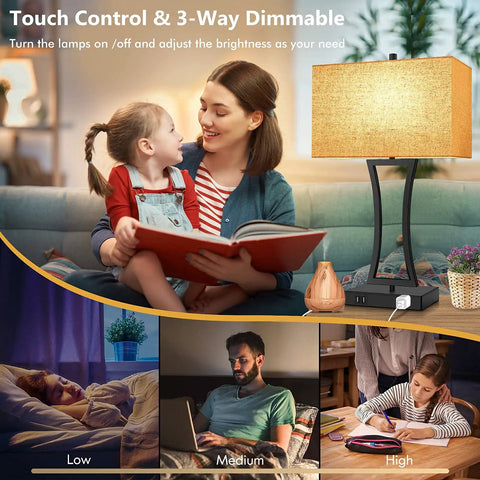 Set of 2 Touch Control Table Lamps With 3 Way Dimmable Lighting USB Ports for Quick Charging Cream Fabric Shade Nightstand Lamps