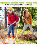 Heavy Duty Stainless Steel Lawn Rake With Extended Handle For Leaves Debris Thatch Dethatcher And Weed Removal shown in use