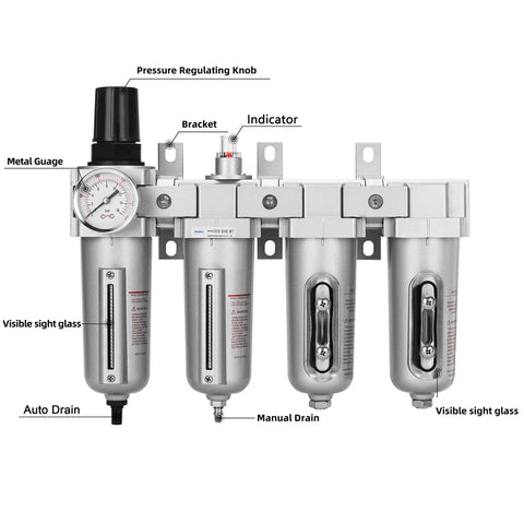 Three Quarters Inch NPT Four Stage Air Drying System with Particulate Filter, Coalescing Filter, Double Desiccant Dryers, Air Regulator, Metal Bowl, Auto Drain for Paint Spray and Plasma Cutter.