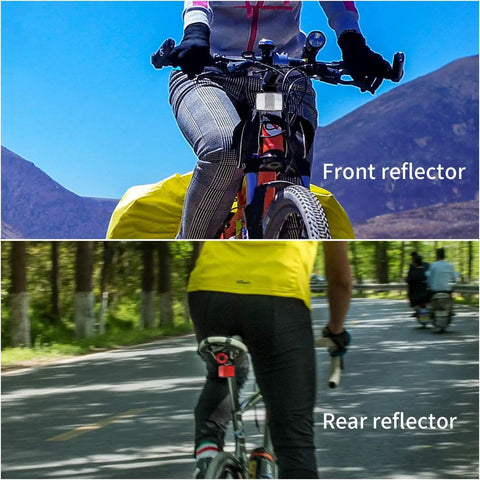 Cyclist with 8 pack bike front and rear reflectors kit for bicycle wheel spoke reflectors set in red and white color for road safety.