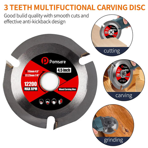 Rugged Tungsten Carbide Wood Grinding Disc For Angle Grinders, One Step Wood Carving And Shaping Wheel 4.5 Inch with 3 teeth