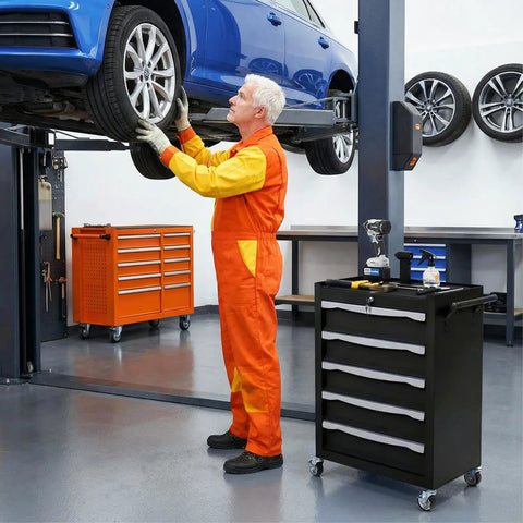 Mechanic with 5 Drawer Rolling Tool Chest With Lock Built To Last Beast Tough Heavy Duty Steel Toolbox near car lift