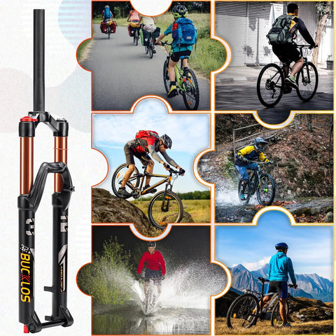120mm Travel MTB Fork for 26 27.5 29 inch mountain bikes in various terrains, featuring rebound adjust, air shock suspension.