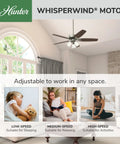 Room with 52 Inch Indoor Ceiling Fan With LED Lights And Pull Chain, Brushed Nickel Finish, WhisperWind motor showcase.