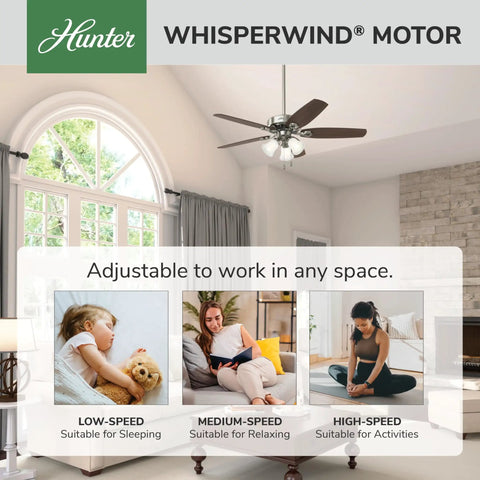 Room with 52 Inch Indoor Ceiling Fan With LED Lights And Pull Chain, Brushed Nickel Finish, WhisperWind motor showcase.
