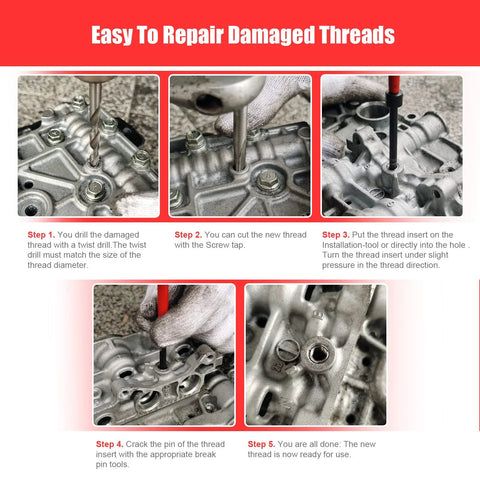 M6x1.0 thread repair kit by BILITOOLS for damaged threads; HSS drill with helicoil insert for automotive use
