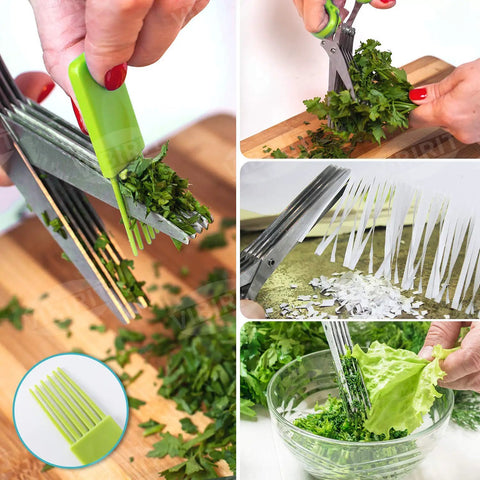 Upgraded Herb Scissors Set With Leaf Stripper And Five Blade Stainless Steel Kitchen Shears For Easy Chopping Of Herbs And Veggies, Peelers Included, A Great Gift For Parsley, Rosemary, Chive, Salad Greens And More., stainless steel herb scissors with green handle and leaf stripper chopping parsley