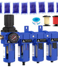 Half Inch NPT Air Dryer for Compressors, Four Stage Water Separator With Brass Filter And Coalescing Filter, Dual Desiccant Dryers Plus Air Regulator, Semi Auto Drain, Heavy Duty Pro Grade Blue shown with desiccant bags and filters