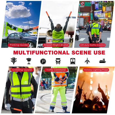 Image showing multifunctional uses of LED Traffic Wand Signal Baton 12 Pack With Dual Flashing Modes for various traffic controls.